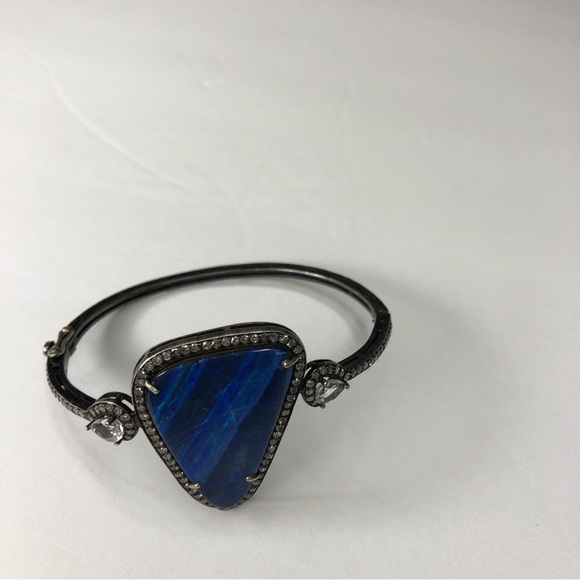 Black Boulder OPAL and Genuine Diamonds Hinged Bracelet - Picture 9 of 13